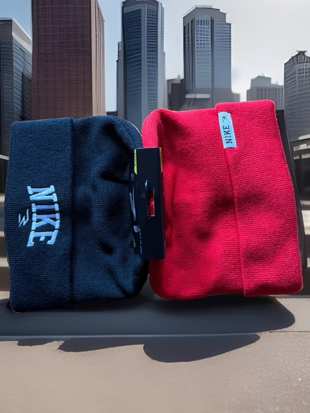 Nike Big Kids Size (8-20) 2-Pack Beanie Set. Black/Red/White Logo. New with Tags